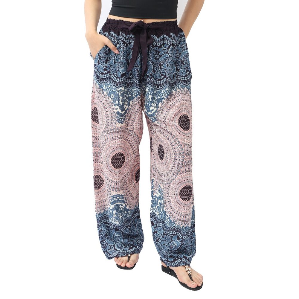 Women Boho Harem Pants - Ribbon and Elastic Waist, Brown and Blue Beachwear